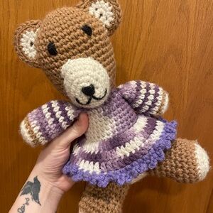 Handmade Crochet Bear Toy - Brown and Purple